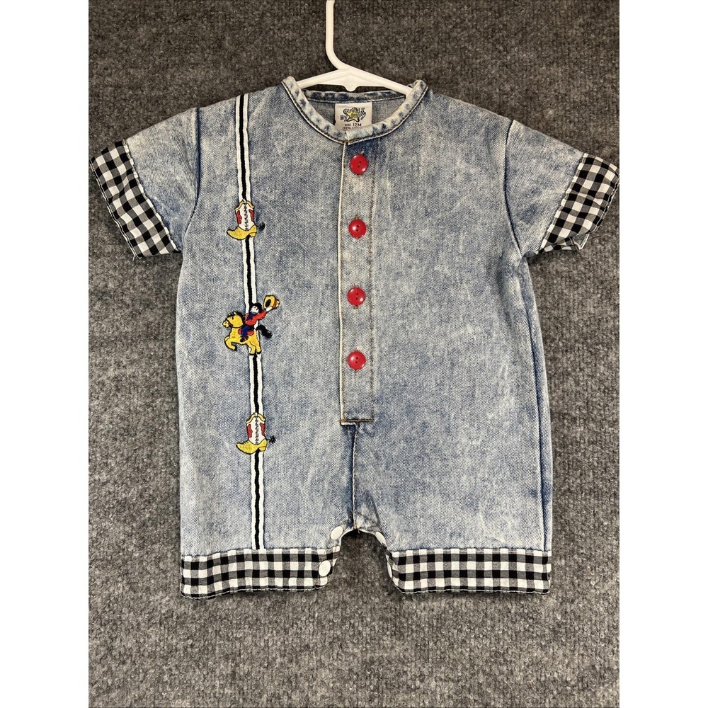 Vintage 80s/90s Cuties by Judy Acid Wash Denim Western Cowboy Baby Romper 12M